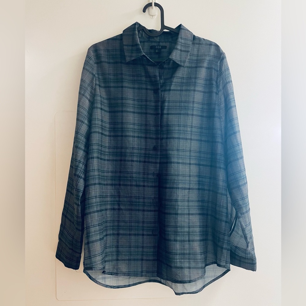 COS semi-sheer plaid button up shirt